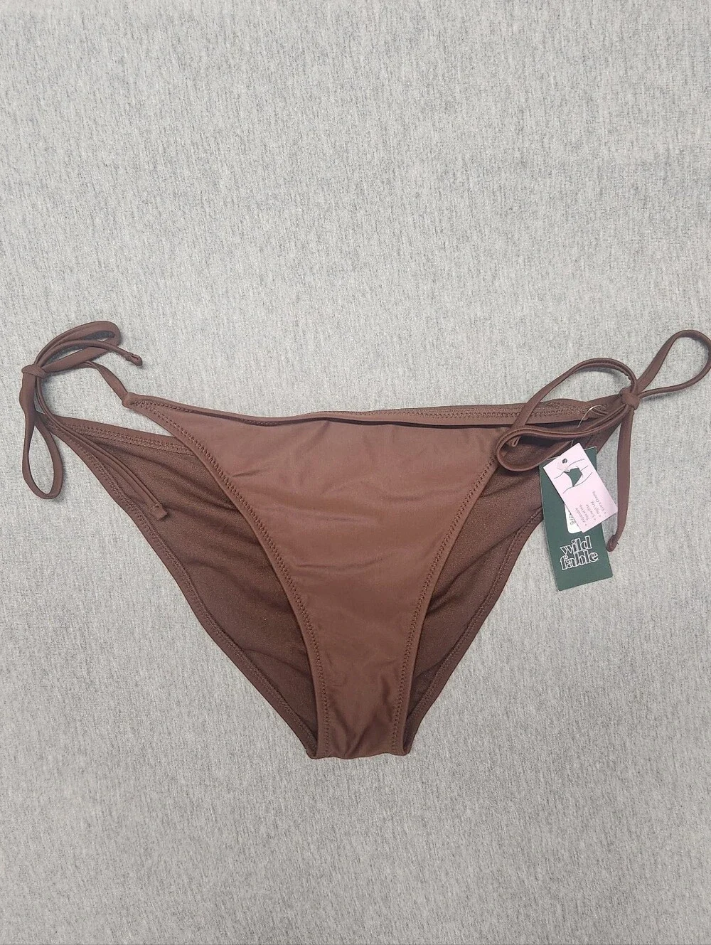Wild Fable Solid Tricot Side‑Tie Low‑Rise High‑Leg Cheeky Bikini Bottom – Brown